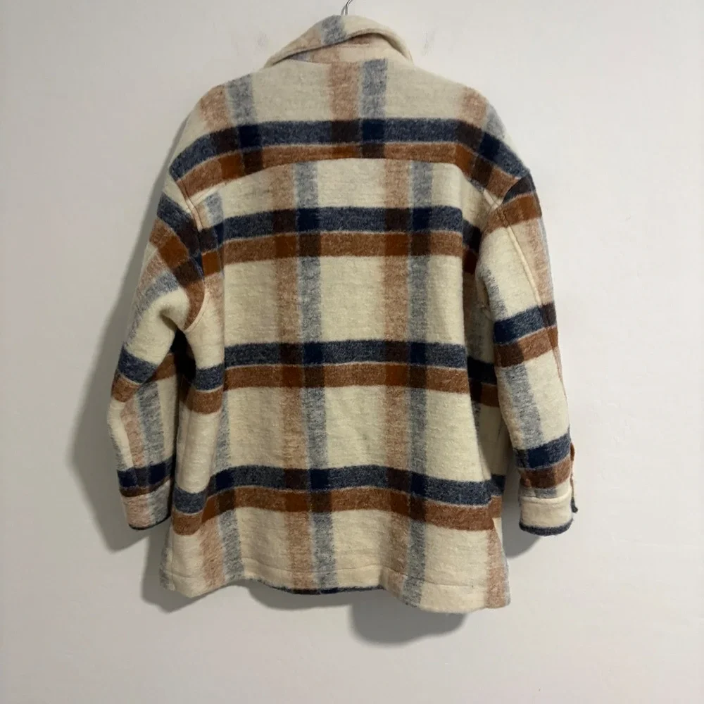 Zara Plaid Wool Blend Shacket Oversized Shirt Jacket Tan Blue NEW